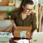 o Female business owner shipping orders to customers.